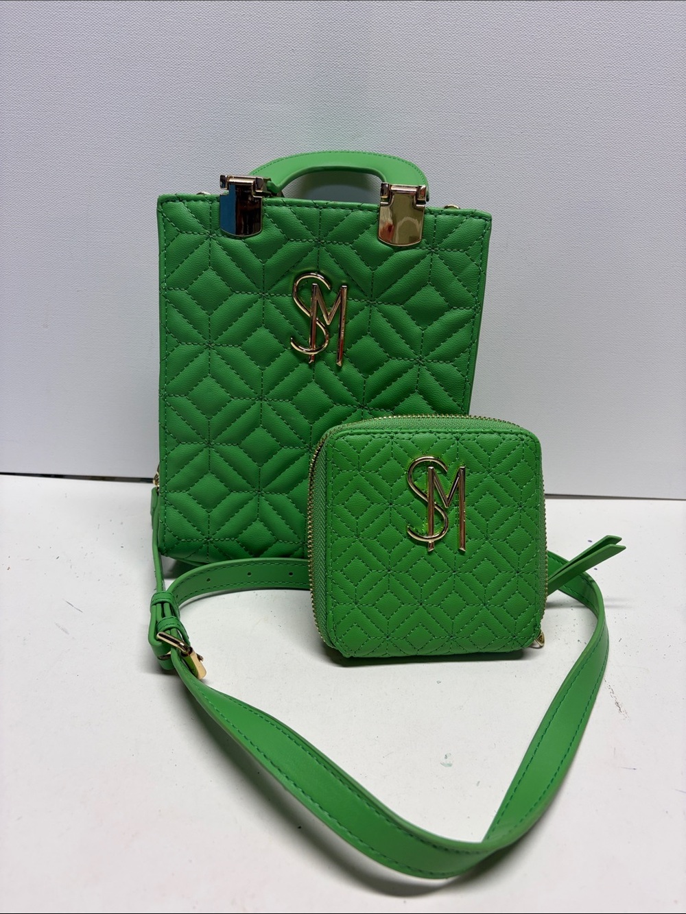 Steve Madden Quilted Green Crossbody Bag with Matching Coin Pouch